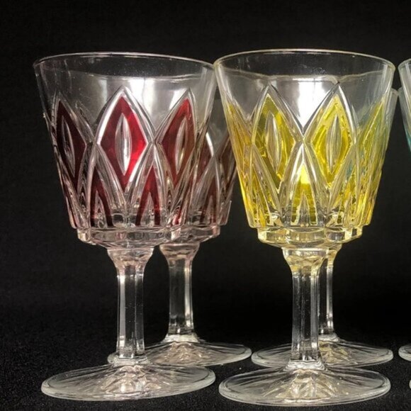 Vintage VMC Reims French Harlequin Crystal Wine Glasses Set of 3, 1 Red 2 Yellow - Picture 3 of 13
